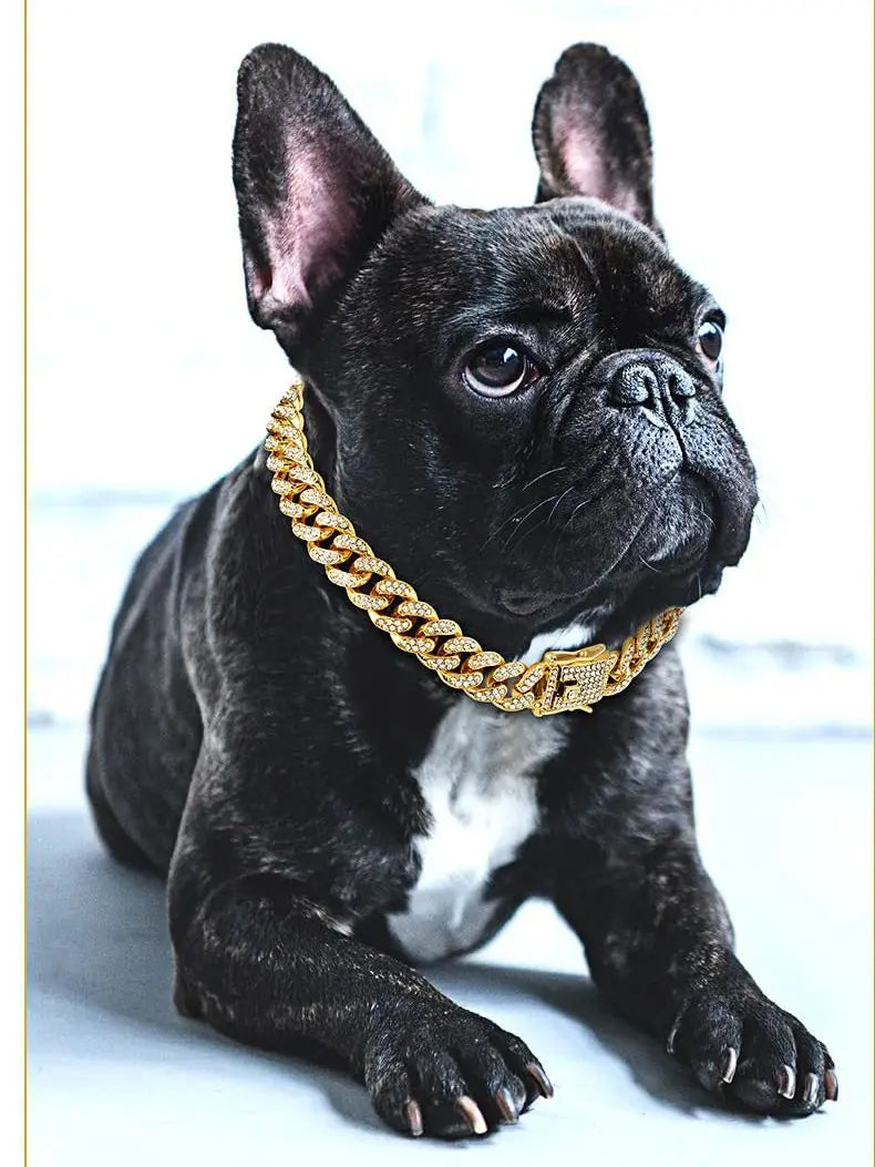 Dog Chain Diamond Cuban Collar Walking Metal Chain Collar with Design Secure Buckle, Pet Cat Cuban Collar Jewelry Accessories